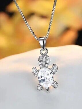 “Just Keep Swimming” White Turtle Ocean Diamond Sterling Silver Gift Necklace
